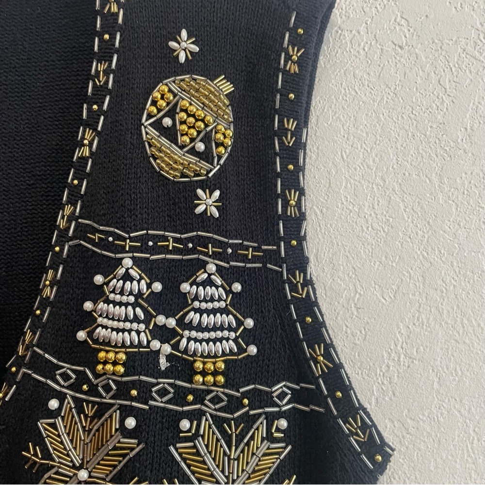 Claudia D Holiday Vest Womens XL Black Knit Gold Bead Button Front Vintage - Picture 5 of 9